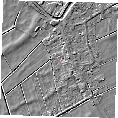 Shaded relief map of the ground around PE150XB, computed from Environment Agency LiDAR. The ground here sits at about -0 m above sea level and falls 5 m across the surrounding 800 m. Surface water reaching this point runs off ground lying to the east, 2.2 m higher.