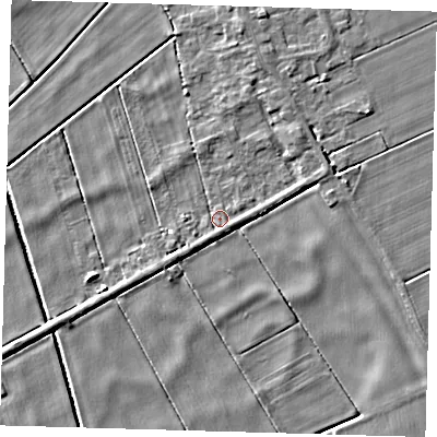 Shaded relief map of the ground around PE150XD, computed from Environment Agency LiDAR. The ground here sits at about 0 m above sea level and falls 4 m across the surrounding 800 m. Surface water reaching this point runs off ground lying to the east-north-east, 1.2 m higher.
