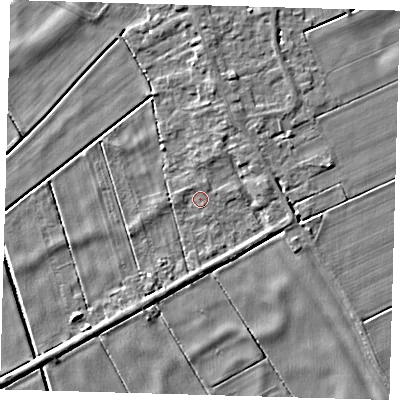 Shaded relief map of the ground around PE150XE, computed from Environment Agency LiDAR. The ground here sits at about 0 m above sea level and falls 4 m across the surrounding 800 m. Surface water reaching this point runs off ground lying to the north-west, 1.1 m higher.