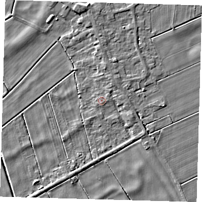 Shaded relief map of the ground around PE150XF, computed from Environment Agency LiDAR. The ground here sits at about 1 m above sea level and falls 5 m across the surrounding 800 m. Surface water reaching this point runs off ground lying to the north-east, 0.9 m higher.