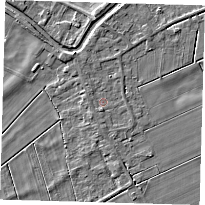 Shaded relief map of the ground around PE150XH, computed from Environment Agency LiDAR. The ground here sits at about 1 m above sea level and falls 5 m across the surrounding 800 m. Surface water reaching this point runs off ground lying to the south, 1.3 m higher.