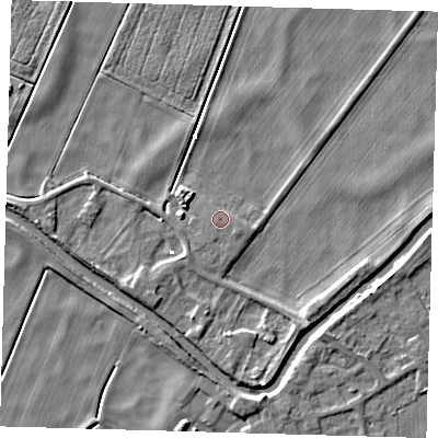 Shaded relief map of the ground around PE150XJ, computed from Environment Agency LiDAR. The ground here sits at about 1 m above sea level and falls 5 m across the surrounding 800 m. The ground contributing surface water to this point lies to the south-south-west.