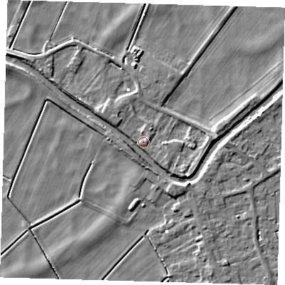 Shaded relief map of the ground around PE150XL, computed from Environment Agency LiDAR. The ground here sits at about 1 m above sea level and falls 5 m across the surrounding 800 m. Surface water reaching this point runs off ground lying to the south-east, 3.6 m higher.