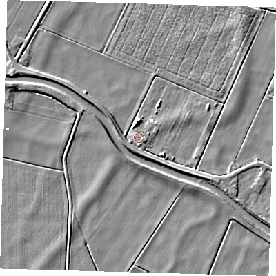 Shaded relief map of the ground around PE150XP, computed from Environment Agency LiDAR. The ground here sits at about 0 m above sea level and falls 5 m across the surrounding 800 m. Surface water reaching this point runs off ground lying to the south-south-west, 2.5 m higher.