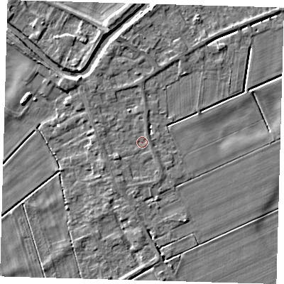 Shaded relief map of the ground around PE150XQ, computed from Environment Agency LiDAR. The ground here sits at about 1 m above sea level and falls 5 m across the surrounding 800 m. Surface water reaching this point runs off ground lying to the west-south-west, 1.3 m higher.