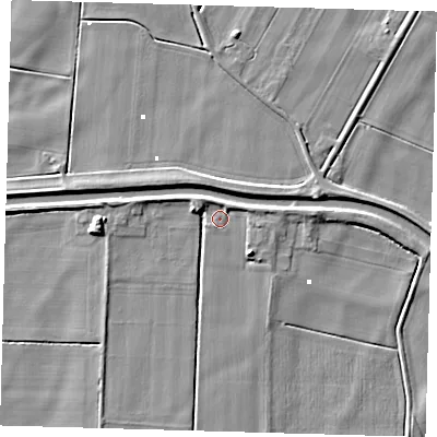 Shaded relief map of the ground around PE150XR, computed from Environment Agency LiDAR. The ground here sits at about 1 m above sea level and falls 5 m across the surrounding 800 m. Surface water reaching this point runs off ground lying to the north-west, 1.9 m higher.