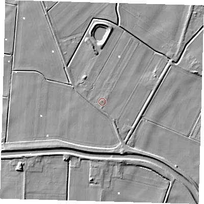 Shaded relief map of the ground around PE150XT, computed from Environment Agency LiDAR. The ground here sits at about 1 m above sea level and falls 6 m across the surrounding 800 m. Surface water reaching this point runs off ground lying to the south, 0.9 m higher.