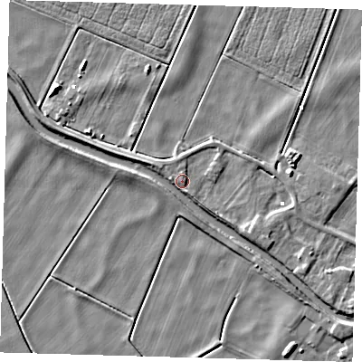 Shaded relief map of the ground around PE150XW, computed from Environment Agency LiDAR. The ground here sits at about 1 m above sea level and falls 5 m across the surrounding 800 m. Surface water reaching this point runs off ground lying to the south-east, 3.5 m higher.