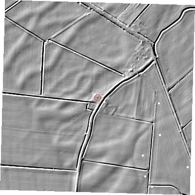 Shaded relief map of the ground around PE150XX, computed from Environment Agency LiDAR. The ground here sits at about 0 m above sea level and falls 4 m across the surrounding 800 m. Surface water reaching this point runs off ground lying to the east-north-east, 1.7 m higher.