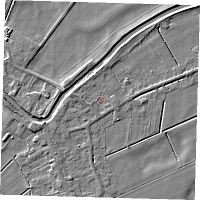Shaded relief map of the ground around PE150XZ, computed from Environment Agency LiDAR. The ground here sits at about 1 m above sea level and falls 5 m across the surrounding 800 m. Surface water reaching this point runs off ground lying to the west-south-west, 1.4 m higher.