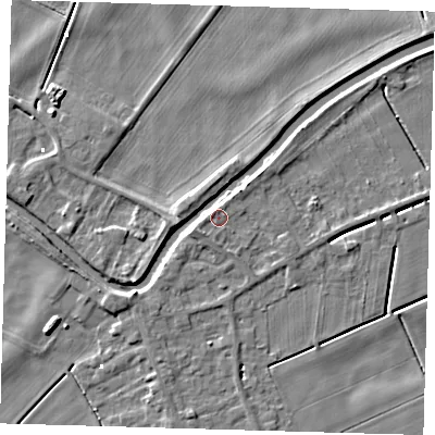 Shaded relief map of the ground around PE150YF, computed from Environment Agency LiDAR. The ground here sits at about 1 m above sea level and falls 5 m across the surrounding 800 m. Surface water reaching this point runs off ground lying to the west-south-west, 2.3 m higher.