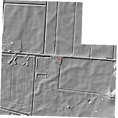 Shaded relief map of the ground around PE150YJ, computed from Environment Agency LiDAR. The ground here sits at about 0 m above sea level and falls 6 m across the surrounding 800 m. Surface water reaching this point runs off ground lying to the east-north-east, 2.4 m higher.