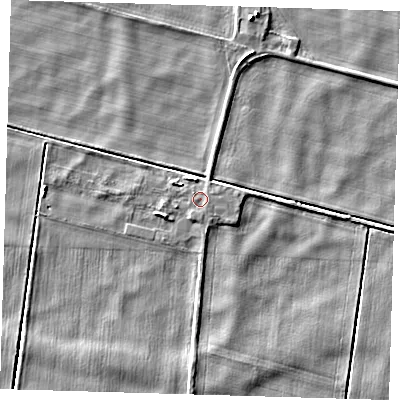 Shaded relief map of the ground around PE150YL, computed from Environment Agency LiDAR. The ground here sits at about 0 m above sea level and falls 5 m across the surrounding 800 m. Surface water reaching this point runs off ground lying to the east-south-east, 0.6 m higher.