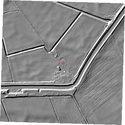 Shaded relief map of the ground around PE150YP, computed from Environment Agency LiDAR. The ground here sits at about -0 m above sea level and falls 6 m across the surrounding 800 m. Surface water reaching this point runs off ground lying to the south, 2.2 m higher.