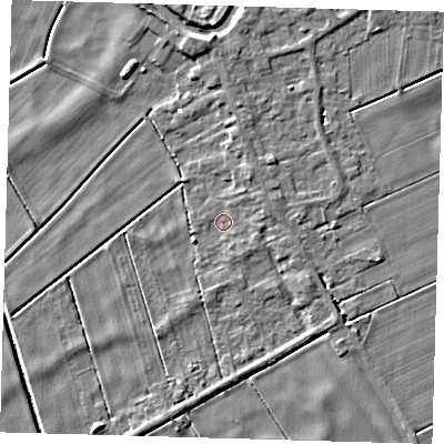 Shaded relief map of the ground around PE150YQ, computed from Environment Agency LiDAR. The ground here sits at about 0 m above sea level and falls 5 m across the surrounding 800 m. Surface water reaching this point runs off ground lying to the east-north-east, 2.0 m higher.