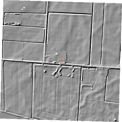 Shaded relief map of the ground around PE150YR, computed from Environment Agency LiDAR. The ground here sits at about -0 m above sea level and falls 4 m across the surrounding 800 m. Surface water reaching this point runs off ground lying to the west, 2.2 m higher.