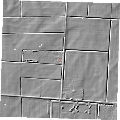 Shaded relief map of the ground around PE150YS, computed from Environment Agency LiDAR. The ground here sits at about -0 m above sea level and falls 5 m across the surrounding 800 m. Surface water reaching this point runs off ground lying to the south-west, 2.5 m higher.