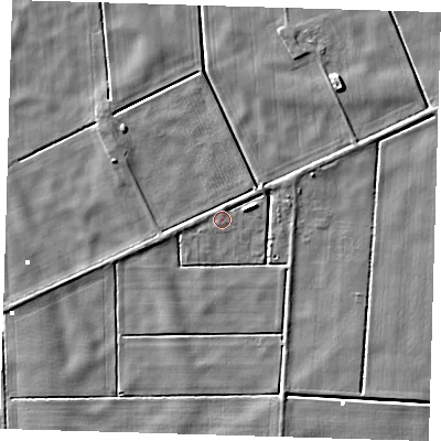 Shaded relief map of the ground around PE150YT, computed from Environment Agency LiDAR. The ground here sits at about -0 m above sea level and falls 5 m across the surrounding 800 m. Surface water reaching this point runs off ground lying to the west-south-west, 2.9 m higher.