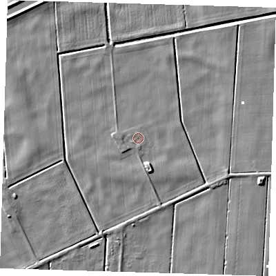 Shaded relief map of the ground around PE150YU, computed from Environment Agency LiDAR. The ground here sits at about -1 m above sea level and falls 5 m across the surrounding 800 m. Surface water reaching this point runs off ground lying to the south-south-east, 3.8 m higher.