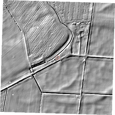 Shaded relief map of the ground around PE150YW, computed from Environment Agency LiDAR. The ground here sits at about 0 m above sea level and falls 5 m across the surrounding 800 m. Surface water reaching this point runs off ground lying to the west-south-west, 2.3 m higher.