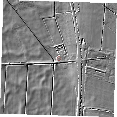 Shaded relief map of the ground around PE150YX, computed from Environment Agency LiDAR. The ground here sits at about 1 m above sea level and falls 7 m across the surrounding 800 m. Surface water reaching this point runs off ground lying to the south-east, 1.5 m higher.