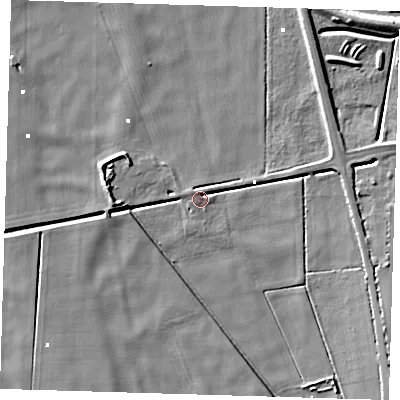 Shaded relief map of the ground around PE150YY, computed from Environment Agency LiDAR. The ground here sits at about 0 m above sea level and falls 7 m across the surrounding 800 m. Surface water reaching this point runs off ground lying to the north-west, 2.9 m higher.