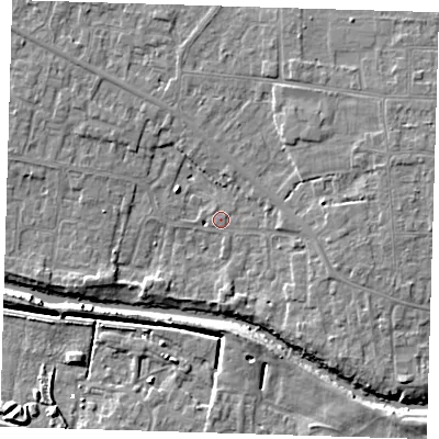 Shaded relief map of the ground around PE158BL, computed from Environment Agency LiDAR. The ground here sits at about 2 m above sea level and falls 7 m across the surrounding 800 m. Surface water reaching this point runs off ground lying to the east-north-east, 4.9 m higher.