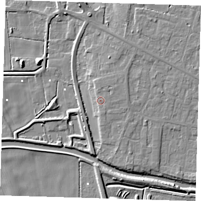 Shaded relief map of the ground around PE158DB, computed from Environment Agency LiDAR. The ground here sits at about 4 m above sea level and falls 9 m across the surrounding 800 m. Surface water reaching this point runs off ground lying to the north-north-west, 0.9 m higher.