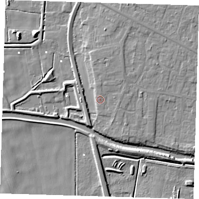 Shaded relief map of the ground around PE158DD, computed from Environment Agency LiDAR. The ground here sits at about 3 m above sea level and falls 9 m across the surrounding 800 m. The ground contributing surface water to this point lies to the north.