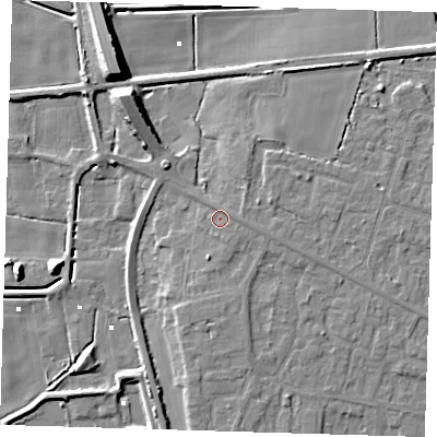 Shaded relief map of the ground around PE158EZ, computed from Environment Agency LiDAR. The ground here sits at about 3 m above sea level and falls 10 m across the surrounding 800 m. Surface water reaching this point runs off ground lying to the east-south-east, 1.1 m higher.