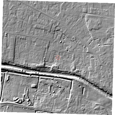 Shaded relief map of the ground around PE158FE, computed from Environment Agency LiDAR. The ground here sits at about 1 m above sea level and falls 7 m across the surrounding 800 m. Surface water reaching this point runs off ground lying to the south-west, 1.4 m higher.