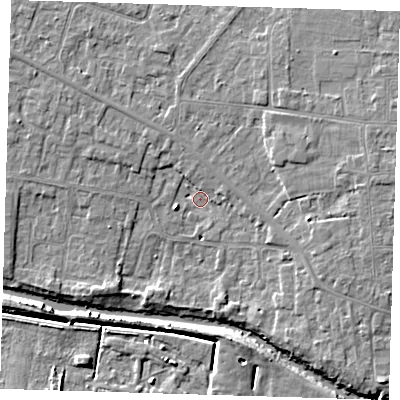 Shaded relief map of the ground around PE158FP, computed from Environment Agency LiDAR. The ground here sits at about 2 m above sea level and falls 7 m across the surrounding 800 m. Surface water reaching this point runs off ground lying to the east, 4.7 m higher.