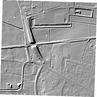 Shaded relief map of the ground around PE158FT, computed from Environment Agency LiDAR. The ground here sits at about 1 m above sea level and falls 10 m across the surrounding 800 m. Surface water reaching this point runs off ground lying to the west, 6.9 m higher.