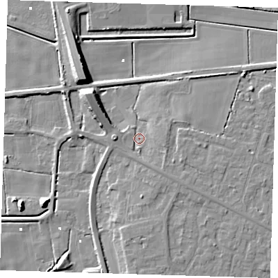 Shaded relief map of the ground around PE158HA, computed from Environment Agency LiDAR. The ground here sits at about 2 m above sea level and falls 10 m across the surrounding 800 m. Surface water reaching this point runs off ground lying to the south-east, 2.7 m higher.
