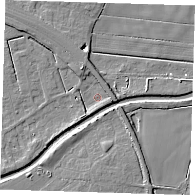 Shaded relief map of the ground around PE158RA, computed from Environment Agency LiDAR. The ground here sits at about 1 m above sea level and falls 8 m across the surrounding 800 m. Surface water reaching this point runs off ground lying to the east, 5.5 m higher.