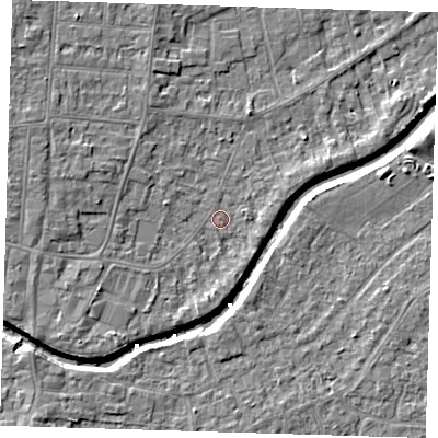 Shaded relief map of the ground around PE158RE, computed from Environment Agency LiDAR. The ground here sits at about 2 m above sea level and falls 5 m across the surrounding 800 m. Surface water reaching this point runs off ground lying to the south-west, 2.6 m higher.