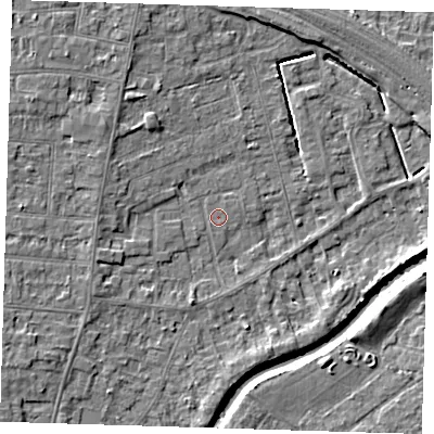 Shaded relief map of the ground around PE158RP, computed from Environment Agency LiDAR. The ground here sits at about 2 m above sea level and falls 5 m across the surrounding 800 m. Surface water reaching this point runs off ground lying to the west-north-west, 2.2 m higher.