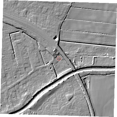 Shaded relief map of the ground around PE158RR, computed from Environment Agency LiDAR. The ground here sits at about 1 m above sea level and falls 8 m across the surrounding 800 m. Surface water reaching this point runs off ground lying to the south-east, 5.5 m higher.
