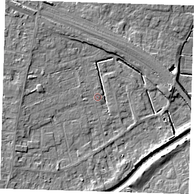 Shaded relief map of the ground around PE158RT, computed from Environment Agency LiDAR. The ground here sits at about 2 m above sea level and falls 8 m across the surrounding 800 m. Surface water reaching this point runs off ground lying to the west, 2.4 m higher.