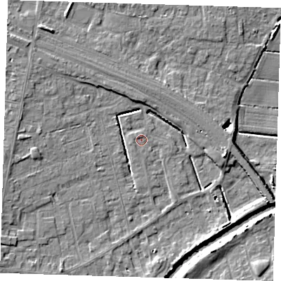 Shaded relief map of the ground around PE158RU, computed from Environment Agency LiDAR. The ground here sits at about 1 m above sea level and falls 8 m across the surrounding 800 m. Surface water reaching this point runs off ground lying to the north, 1.4 m higher.