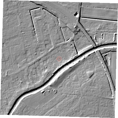 Shaded relief map of the ground around PE158RW, computed from Environment Agency LiDAR. The ground here sits at about 1 m above sea level and falls 8 m across the surrounding 800 m. Surface water reaching this point runs off ground lying to the east-north-east, 8.1 m higher.