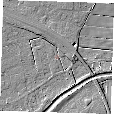 Shaded relief map of the ground around PE158RZ, computed from Environment Agency LiDAR. The ground here sits at about 1 m above sea level and falls 8 m across the surrounding 800 m. Surface water reaching this point runs off ground lying to the south-west, 2.0 m higher.