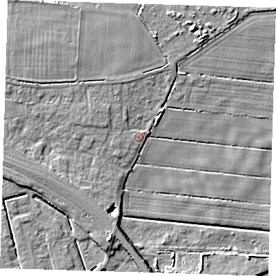 Shaded relief map of the ground around PE158SD, computed from Environment Agency LiDAR. The ground here sits at about 2 m above sea level and falls 6 m across the surrounding 800 m. Surface water reaching this point runs off ground lying to the north-west, 2.1 m higher.