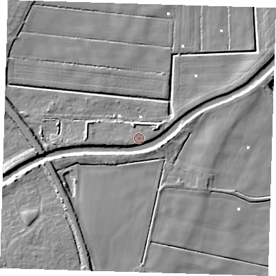 Shaded relief map of the ground around PE158SW, computed from Environment Agency LiDAR. The ground here sits at about 2 m above sea level and falls 9 m across the surrounding 800 m. Surface water reaching this point runs off ground lying to the west-south-west, 5.9 m higher.
