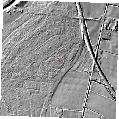 Shaded relief map of the ground around PE159BE, computed from Environment Agency LiDAR. The ground here sits at about 2 m above sea level and falls 6 m across the surrounding 800 m. Surface water reaching this point runs off ground lying to the west, 1.3 m higher.