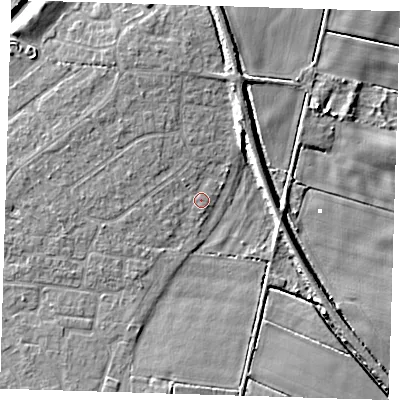 Shaded relief map of the ground around PE159DS, computed from Environment Agency LiDAR. The ground here sits at about 2 m above sea level and falls 6 m across the surrounding 800 m. Surface water reaching this point runs off ground lying to the north-north-west, 2.3 m higher.