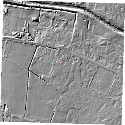 Shaded relief map of the ground around PE159RY, computed from Environment Agency LiDAR. The ground here sits at about 2 m above sea level and falls 7 m across the surrounding 800 m. Surface water reaching this point runs off ground lying to the south-east, 2.6 m higher.