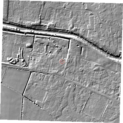 Shaded relief map of the ground around PE159TP, computed from Environment Agency LiDAR. The ground here sits at about 1 m above sea level and falls 7 m across the surrounding 800 m. Surface water reaching this point runs off ground lying to the east, 1.9 m higher.