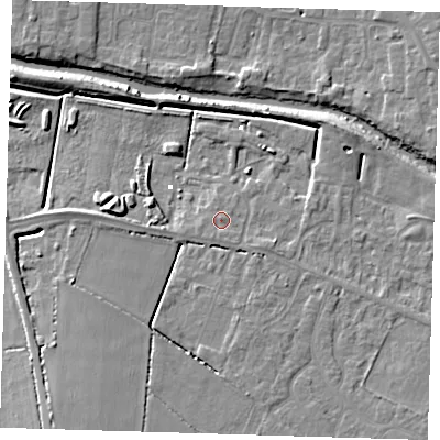 Shaded relief map of the ground around PE159TU, computed from Environment Agency LiDAR. The ground here sits at about 1 m above sea level and falls 7 m across the surrounding 800 m. Surface water reaching this point runs off ground lying to the south-south-east, 1.1 m higher.