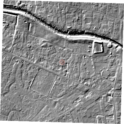 Shaded relief map of the ground around PE159UP, computed from Environment Agency LiDAR. The ground here sits at about 2 m above sea level and falls 9 m across the surrounding 800 m. Surface water reaching this point runs off ground lying to the east-north-east, 4.8 m higher.